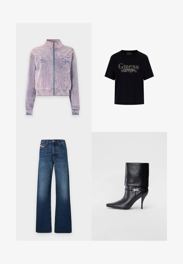 Roza jeans jakna z visokim ovratnikom, sprednjim zadrgo, dvema žepoma na prsih in teksturiranim zaključkom. Skrajšana zasnova z modrimi poudarki.; Črna bombažna majica s krožnim ovratnikom in kratkimi rokavi. Ima bleščeč logotip "Guess" in besedilo "Ustanovljeno devetnajst sto ena".; Jeans z širokimi nogavicami v temno modrem džinsu, z visokim pasom, petimi žepi in kontrastnim šivom ob šivih.; Črne usnjene gležnjarje z ostrim nosom, visokim stiletto peto, zavihanim robom in zlatim okrasnim zaponko na gležnju.