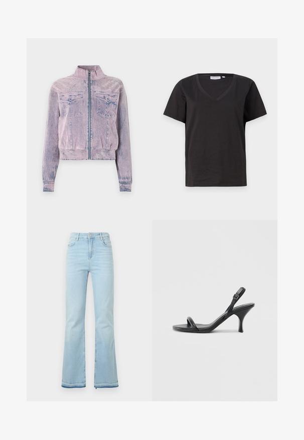 Rosa denimjacka med hög krage, frontdragkedja, två bröstfickor och strukturerad finish. Croppad design med blå detaljer.; Svart bomull T-shirt med V-urringning och korta ärmar. Enkelt design med en vanlig passform och inga mönster eller accenter.; Ljusblå utsvängda jeans i denim med hög midja, framfickor och rå kant vid bensluten för en avslappnad stil.; Svarta läder högklackade sandaler med en smal, böjd klack och ett korsat remdesign. Justerbar ankelrem. Slät textur.