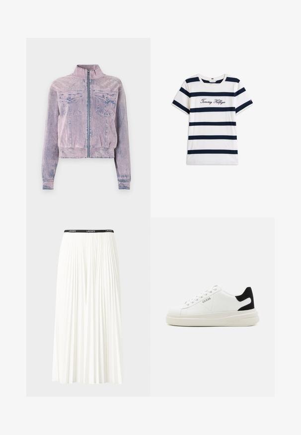 Rózsaszín farmerdzseki magas gallérral, elülső cipzárral, két mellzsebbel és texturált felülettel. Rövidített fazon kék kiegészítőkkel.; Fehér alapú, vízszintes sötétkék csíkos pamut póló. A mellkason írásos stílusban hímzett "Tommy Hilfiger" felirat. Kerek nyakú.; Plisszírozott fehér szoknya fekete elasztikus derékkal, amelyen a "LACOSTE" logó található. Középhosszú kialakítás, puha tapintással.; Fehér bőr sportcipők vastag fehér talppal, fekete velúr sarokpikkelyel és dombornyomott logóval az oldalon. Fűzős kialakítás, hat fűzőlyukkal.