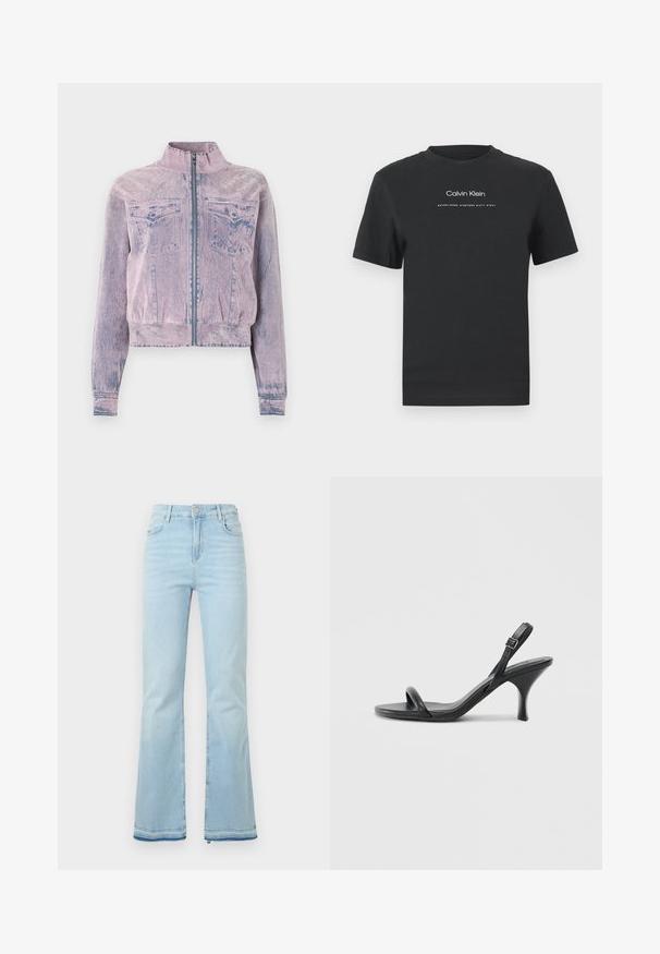 Roosa denimpusa kõrge kraega, ees tõmblukuga, kahe rinnataskuga ja tekstuurse viimistlusega. Lühendatud disain siniste aktsentidega.; Must musta T-särk, millel on ümmargune kaelus, lühikesed varrukad ja valge trükitud "Calvin Klein" logo ning tekst "Asutatud 1968".; Heledad helesinised teksad, mis on valmistatud denimist, kõrge vöökohaga, esikottidega ning toore äärtega sääreosas, et luua lõdvestunud välimus.; Mustad nahast kõrgete kontsadega sandaalid, millel on saledad, kõverad kontsad ja ristatud rihma disain. Reguleeritav pahkluu rihm. Sile tekstuur.