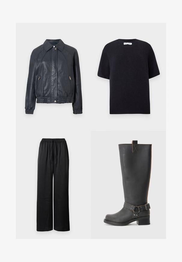 Tummansininen nahkatakki, jossa on kauluksellinen kaula-aukko, vetoketjulliset sivutaskut ja joustavat hihansuut. Teksturoitu pinta ja rypytetty helma korostavat takin tyyliä.; Mustan neulotun lyhythihainen neulepaita, jossa on pyöreä kaula-aukko ja ribattu helma. Sujuva pinta, jossa on rento istuvuus. Minimalistinen muotoilu.; Mustat väljä lahkeinen housut, joissa on joustava vyötärö, kiristysnauha ja sileä pinta. Ominaisuuksiin kuuluu tilava istuvuus mukavuutta ja liikkuvuutta varten.; Musta nahkainen polvisaumaboot, jossa on teksturoitu pinta, sivussa solkiyksityiskohta ja matala korko. Yksityiskohtainen ommel saumoissa.