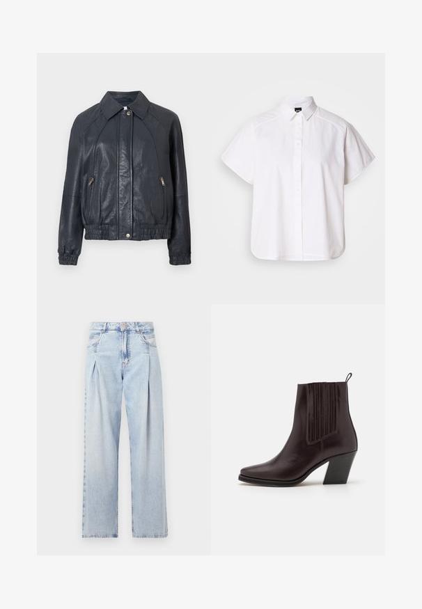 Námornícky modrá kožená bunda s golierom, so zipsovými bočnými vreckami a elastickými manžetami. Má textúrovaný povrch a skrátený lem.; Biela krátka košeľa s krátkym rukávom a výstrihom do špica, s oblým lemom. Vyrobená z bavlny s hladkou textúrou a bez viditeľných vzorov.; Svetlomodré džínsy s vysokým pásom, širším strihom po celej dĺžke, dvoma bočnými vreckami a skladaným dizajnom. Mäkka textúra s vyblednutým vzhľadom.; Tmavo hnedá kožená kotníková obuv s špicatou špičkou, vertikálnym ryhovaním po bokoch a stredne vysokým blokovým podpätkom.