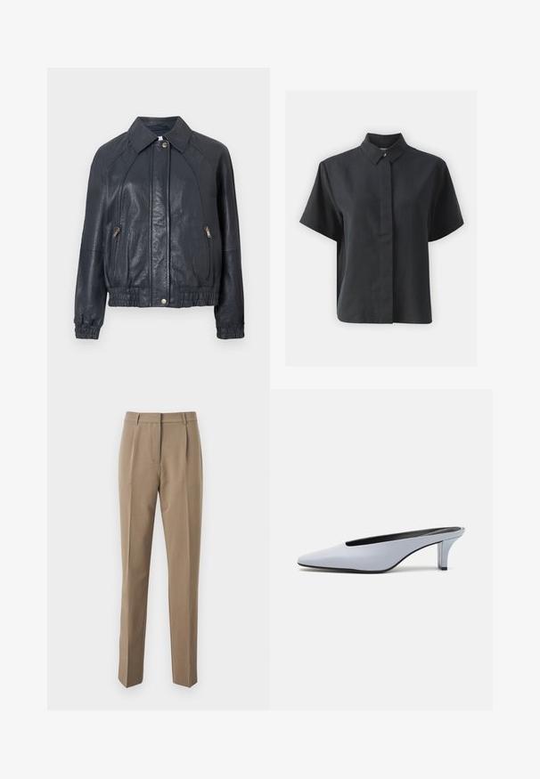 Marineblå læderjakke med krave, lynlåslommer på siden og elastiske manchetter. Har en struktureret overflade og en samlet kant.; Kortærmet sort skjorte med knapper og klassisk krave, lavet af et glat stof, med lige snit og minimalistisk design.; Brune skræddersyede bukser lavet af glat stof, med en lige ben-design, frontfolder og en talje med bælteløkker.; Lys blå patentlæder mule med spids tå, lav gennemsigtig hæl og et elegant design med udskæring ved vamps.