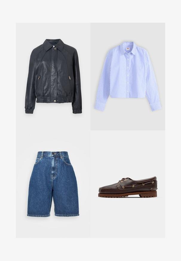 Veste en cuir bleu marine avec un col, poches zippées sur les côtés et des poignets élastiques. Présente une finition texturée et un ourlet froncé.; Chemise courte à boutons avec des rayures verticales bleues et blanches, finition texturée, col pointu et poignets à un bouton.; Shorts en denim taille haute, de couleur bleu foncé. Avec un style classique à cinq poches, une coupe droite et un ourlet replié. Matière en coton.; Bateau en cuir marron avec des œillets dorés, des lacets ronds et une semelle en caoutchouc marron texturée. Présente des détails de couture et un logo en relief.