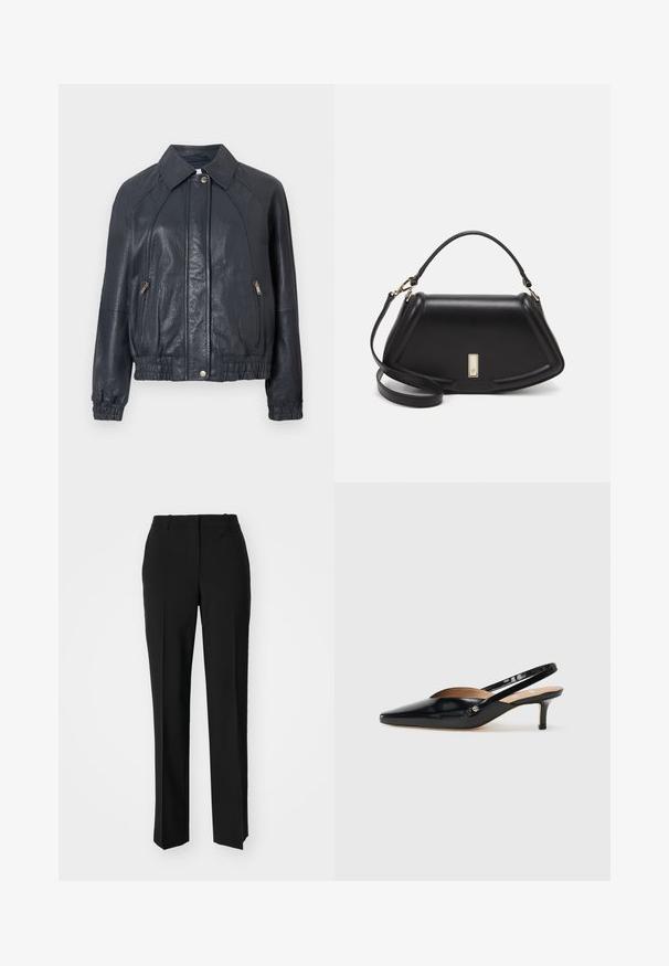 Námořnická modrá kožená bunda s límečkem, zipem na bočních kapsách a elastickými manžetami. Má texturovaný vzhled a nařasený lem.; Bílý bavlněný tričko má kulatý výstřih, krátké rukávy a malé černé logo "Calvin Klein" na hrudi. Jednoduchý design, bez vzorů.; Černé kalhoty na míru se střihem do rovna, které mají hladkou texturu a ostré sklady na přední straně. Bez viditelného kování.; Černé lakované slingback lodičky se špičatou špičkou, malým podpatkem a výřezovým designem na svršku. Zlaté kovové detaily na straně.; Černá kožená kabelka se strukturovaným designem, jejíž tvar je zkrácený, má horní rukojeť a zlaté kovové detaily. Součástí je i nastavitelný ramenní popruh.