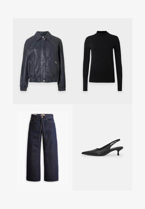 Tummansininen nahkatakki, jossa on kauluksellinen kaula-aukko, vetoketjulliset sivutaskut ja joustavat hihansuut. Teksturoitu pinta ja rypytetty helma korostavat takin tyyliä.; Musta pitkähihaisen korkeakauluksinen paita, joka on valmistettu sileästä kankaasta; muotoonommeltu malli, jossa on korkea kaulus ja ei näkyviä saumoja. Yksinkertainen, yhtenäinen väri.; Korkeavyötäröiset tummansiniset leveälahkeiset farkut, joissa on narunauhakuja, viisi taskua ja kontrastiväriset ompeluseikat.; Mustan nahkainen slingback-kengät, joissa on terävä nenä ja kapea, kaareva korko. Varustettu huomaamattomalla säädettävällä hihnalla, jossa on metallinen solki.