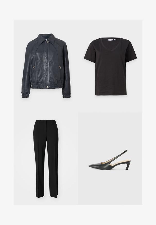 Jachetă din piele bleumarin cu guler, buzunare laterale cu fermoar și manșete elastice. Prezintă un finisaj texturat și o margine strânsă.; Tricou negru din bumbac cu decolteu în V și mâneci scurte. Design simplu, cu o croială normală și fără modele sau accente.; Pantaloni negri tailor-ed cu un design drept, având o textură fină și cute clare pe față. Fără elemente de prindere vizibile.; Pantof cu toc mic, cu vârf ascuțit și slingback, realizat din piele netedă, având un design decupat pe lateral pentru respirabilitate.