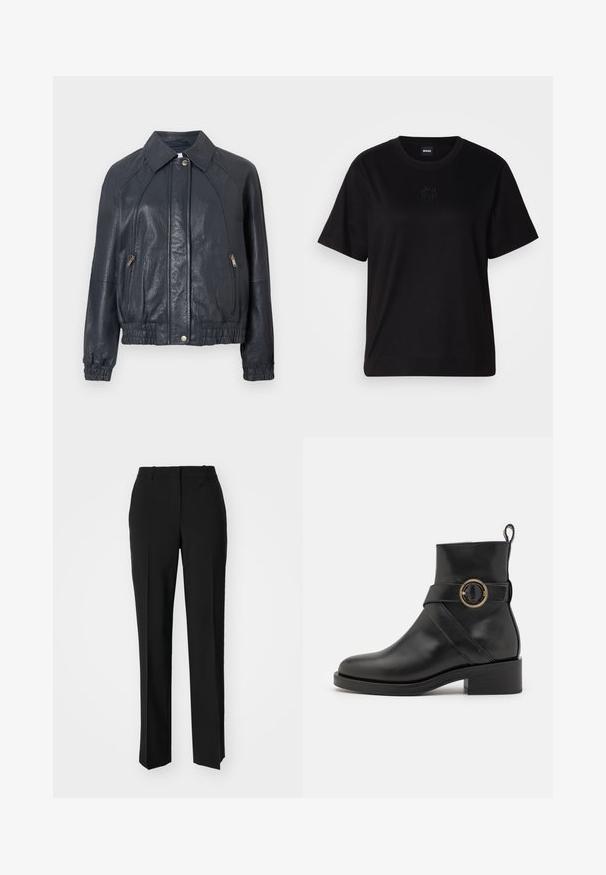 Marineblaue Lederjacke mit einem kragenförmigen Ausschnitt, seitlichen Reißverschlusstaschen und elastischen Bündchen. Besitzt eine strukturierte Oberfläche und einen gerafften Saum.; Schwarzes Baumwoll-T-Shirt mit Rundhalsausschnitt, kurzen Ärmeln und aufgesticktem Logo auf der Brust. Einfacher, lässiger Schnitt ohne Muster.; Schwarze, taillierte Hose mit geradem Bein, aus einem glatten Stoff und mit klaren Falten an der Vorderseite. Keine sichtbare Hardware.; BOSS IRYNA BOOTIE - Plateaustiefelette - black