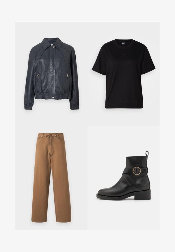 Marineblaue Lederjacke mit einem kragenförmigen Ausschnitt, seitlichen Reißverschlusstaschen und elastischen Bündchen. Besitzt eine strukturierte Oberfläche und einen gerafften Saum.; Schwarzes Baumwoll-T-Shirt mit Rundhalsausschnitt, kurzen Ärmeln und aufgesticktem Logo auf der Brust. Einfacher, lässiger Schnitt ohne Muster.; Braune weit geschnittene Hosen aus Baumwolle, mit einem Kordelzugbund und zwei Fronttaschen. Strukturiertes Gewebe mit glatter Oberfläche.; BOSS IRYNA BOOTIE - Plateaustiefelette - black