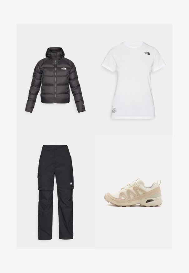 Svart puffjakke med glidelås foran og hette. Har kviltet tekstur, elastiske mansjetter og logo på venstre bryst. Lett isolasjon.; Hvit bomull T-skjorte med en svart logo på venstre bryst og et grått grafisk design nederst til høyre. Klassisk rund hals og korte ermer.; Svarte nylon cargo-bukser med glidelås og justerbare mansjetter, flere lommer og en logo på høyre bein. Glatt, lett tekstur.; Beige og krem joggesko med teksturert mesh-overdel, støttende overlegg og gummisåle med et mønster for godt grep.