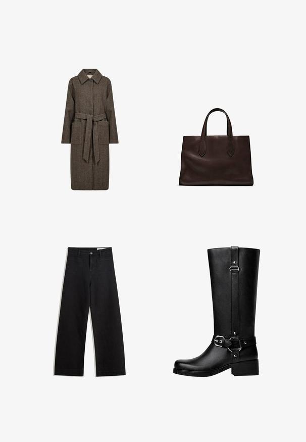 Soyaconcept SHAKIRA - Trench - hot fudge combi; Maglione a maniche lunghe color marrone scuro con scollo rotondo, leggermente corto e dal design semplice e senza cuciture.; Pantaloni in denim neri a gamba larga con vita alta, dotati di tasche anteriori e posteriori, cuciture a punto, e chiusura con bottone. Texture liscia.; Stivali neri alti in finta pelle con punta tonda, dettaglio della fibbia della cintura accentuata e tacco largo. Texture liscia e cucitura verticale sul gambale.; Borsa a spalla in pelle marrone con due manici lunghi, forma rettangolare strutturata, texture liscia e dettagli di cucitura sottili.