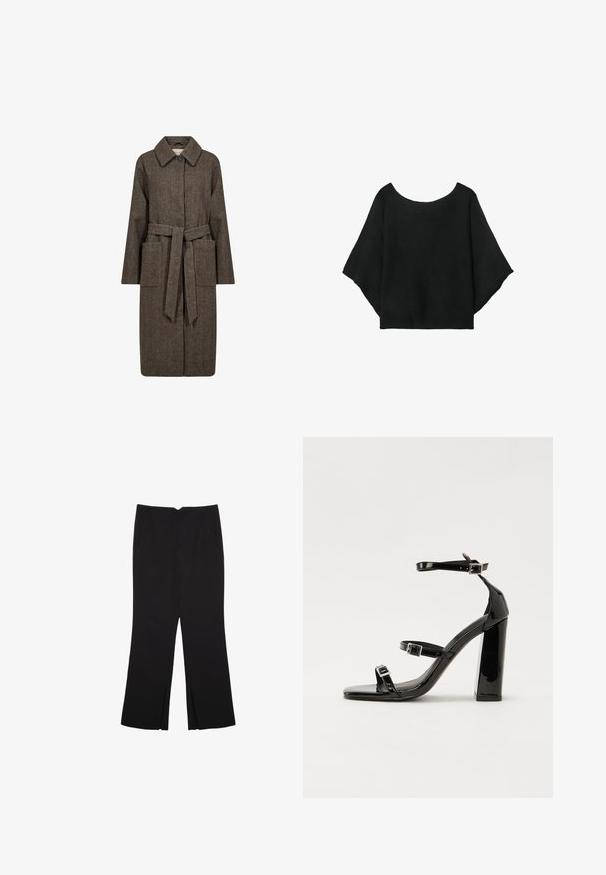 Soyaconcept SHAKIRA - Trench - hot fudge combi; Top nero a maglia con maniche larghe, scollatura a girocollo e vestibilità morbida. Il tessuto ha una texture a coste, senza chiusure né motivi.; Pantaloni neri a gamba dritta, con tasche frontali e spacchi laterali all'orlo. Realizzati in tessuto morbido e liscio. Adatti a diverse occasioni.; Sandali con tacco in vernice nera, con punta squadrata, cinturini alla caviglia e fibbie in argento. Presentano un tacco a blocco spesso per maggiore stabilità.