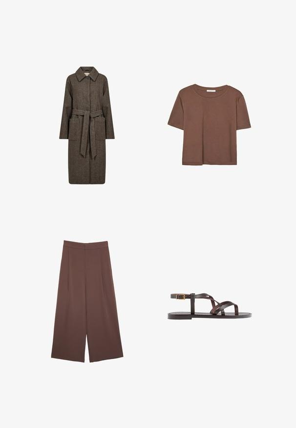 Soyaconcept SHAKIRA - Trenchcoat - hot fudge combi; Brown short-sleeve t-shirt made of soft fabric, with a round neckline and relaxed fit. No visible patterns or accents.; Brown wide-leg trousers with a smooth texture, featuring a high waist and front pleats. The fabric is lightweight and flows loosely.; Brown leather sandal featuring crisscross straps, an ankle buckle closure, and a flat sole with minimal stitching details.