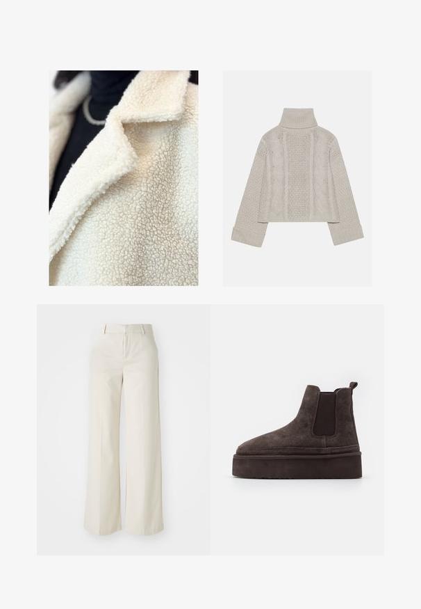Cremefarvet falsk shearling-frakke med klapkrave, der har en blød, struktureret overflade og minimal syning, lagd over en sort bluse.; Afskåret, lysegrå striktrøje med højt krave og ribbede manchetter, prydet med teksturerede kabelmønstre ned ad ryggen og siderne.; Bredde ben-bukser i en lys beige farve, lavet af et glat stof. Har en klassisk talje og flad front med rene linjer.; Brune ruskinds Chelsea støvler med elastiske sidepaneler og en tyk, struktureret platåsål. Har en strop bagpå til nem påtagning.