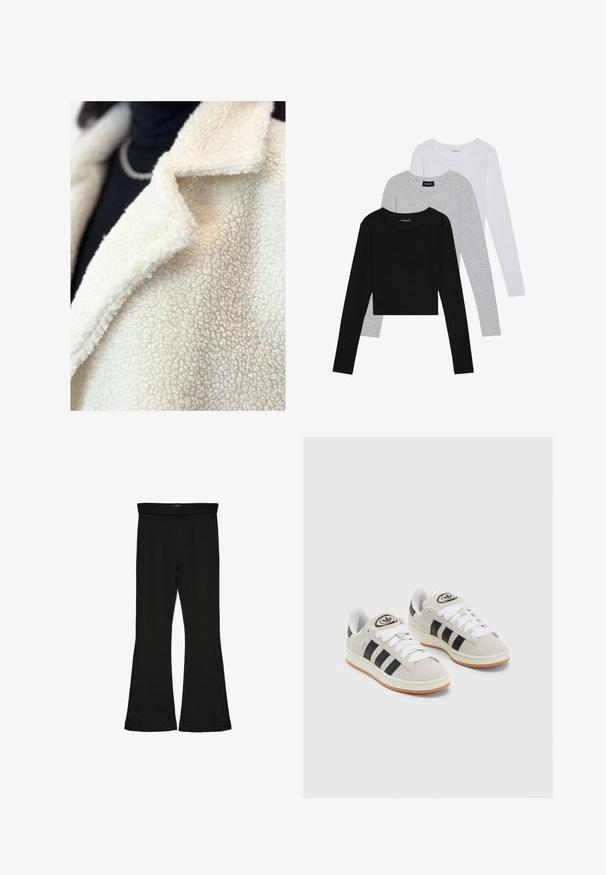 Abrigo de terciopelo sintético color crema con cuello de muesca, que presenta una superficie suave y texturada y un detalle de costura mínima, superpuesto a una blusa negra.; Tres camisetas de manga larga apiladas: negra, gris y blanca. Cada una tiene un escote redondo y un diseño recortado con una tela suave y ligera.; Leggings negros de campana hechos de una tela elástica. Con una cinturilla ancha y una textura suave, presentan una silueta ajustada que se ensancha en el dobladillo.; Zapatillas de ante gris con cordones blancos, rayas negras y suela de goma blanca. Presentan un logo circular en la lengüeta y una suela de goma.