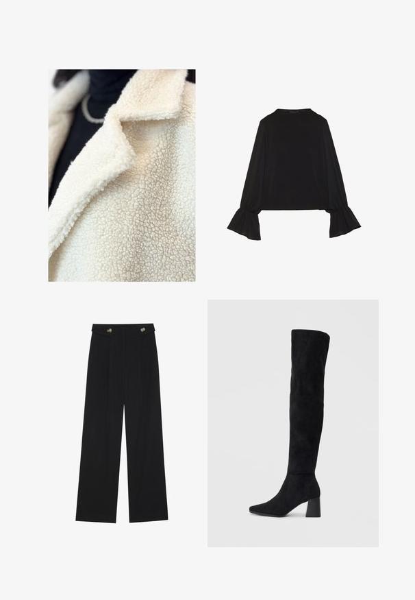Crème kleurige faux shearling jas met een notch-kraag, gekenmerkt door een zachte, textuurachtige oppervlakte en minimale stikdetails, gedragen over een zwarte top.; Zwarte langemouwen top met uitlopende manchetten, een zachte textuur en een relaxed fit, met een eenvoudige ronde halslijn.; Zwarte wijde broek met hoge taille, knoopdetails op de tailleband en plooien aan de voorkant.; Zwarte suède kniehoge laars met blokhak, spitse neus en een glad, naadloos ontwerp op een effen lichte achtergrond.