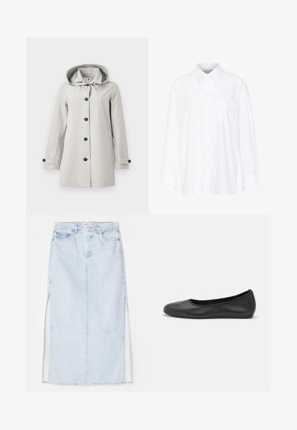 Világosszürke esőkabát kapucnival, fekete gombos záródással, két elülső zsebbel, és a kapucni belsejében látható mintás béléssel.; Fehér, hosszú ujjú, galléros ing, amely pamutból készült. Gombos elülső része és egyetlen mellzsebe van. Simított textúra, laza szabás.; Világoskék farmer maxi szoknya egyenes szabással, oldalsó hasítékokkal és öt zsebes kialakítással. Kiemelkedő varrás és fém gombos zárás.; Fekete bőr balettcipő lekerekített orral, sima tekstúrával, minimális varrással és rugalmas talp kialakítással.