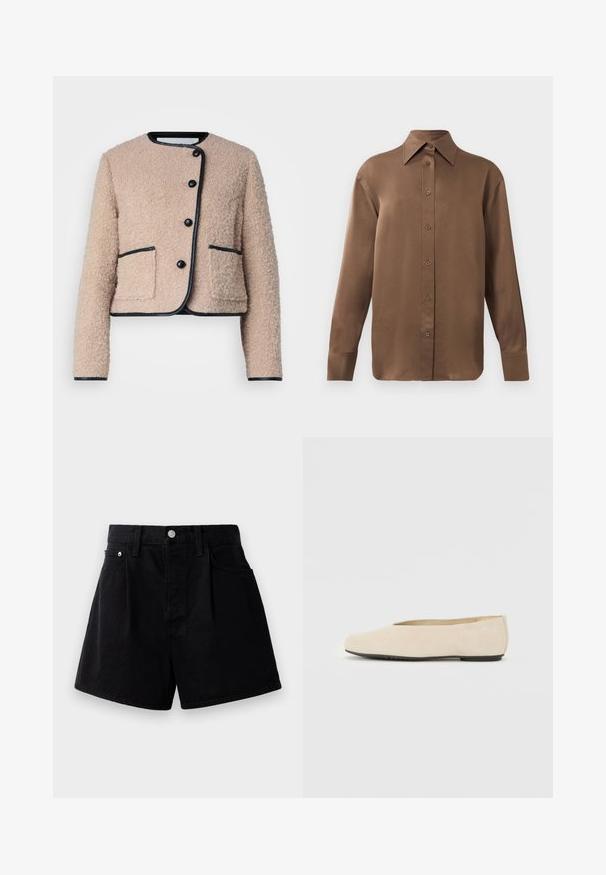 Malina NYLAH BLEND JACKET - Lahka jakna - beige; Rjav dolg rokav s srajco s gumbi in koničastimi ovratniki in manšetami, prikazana na enostavni beli podlagi.; Črni jeansi kratke hlače s ravnim krojem, z gumbom za zapiranje, dvema sprednjima žepoma in mehko, strukturirano tkanino.; Bež sueded baletne balerinke z zaobljenim prstom, ravnim podplatom in minimalnim dizajnom. Gladka tekstura brez vidnih kovinskih delov ali okrasnih elementov.
