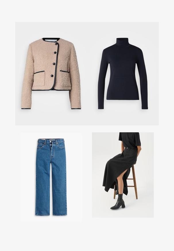 Malina NYLAH BLEND JACKET - Overgangsjakke - beige; Marineblå turtleneck langærmet top. Fremstillet af blødt stof med en glat tekstur. Har et tætsiddende design og høj krave uden synlige sømme.; Blå denim lige ben jeans med høj talje, fem lomme design og knaplukning. Markante syninger og kobberfarvede nitter.; Sort linned maxi-nederdel med en høj slids, båret med en sort t-shirt og sorte ankelstøvler. Minimalistisk design med en afslappet pasform.