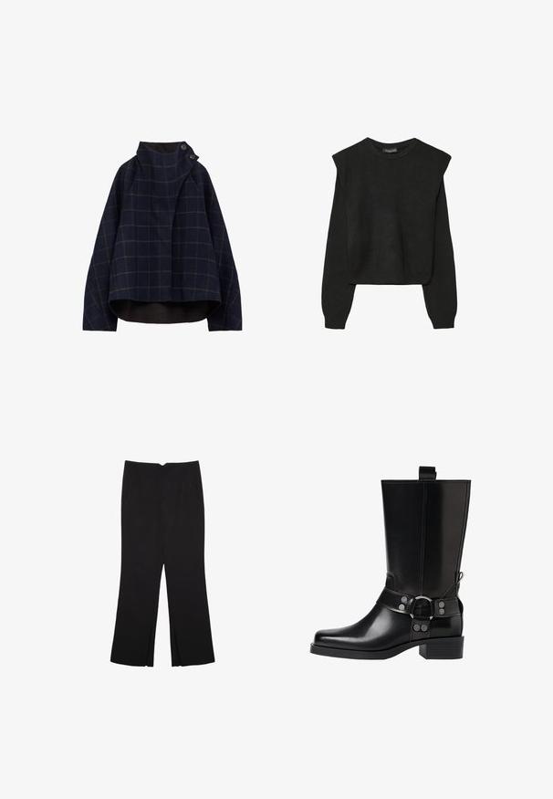 Granatowa kurtka z mieszanki wełny z wzorem kraty, wysoki kołnierz, akcenty guzikowe oraz krótkie, luźne dopasowanie. Miękka tekstura, współczesny design.; Czarny, długi sweter z dzianiny z poduszkami na ramionach oraz prążkowanymi mankietami i dołem, pokazany na białym tle.; Czarne spodnie o prostym kroju, z przednimi kieszeniami i bocznymi rozcięciami na dole. Wykonane z miękkiego, gładkiego materiału. Odpowiednie na różne okazje.; Czarne skórzane buty za kolano z wydłużonym noskiem, srebrnymi akcentami w postaci klamr oraz masywnym obcasem. Posiadają pętelkę umożliwiającą łatwe zakładanie.