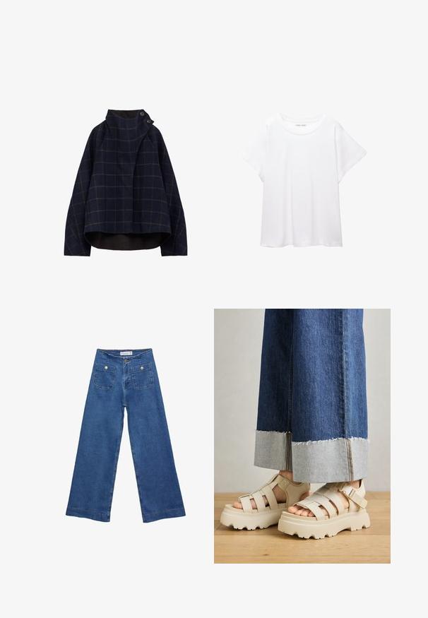 Marineblauwe wolmixjack met een ruitpatroon, hoge kraag, knoopaccenten en een cropped, ontspannen fit. Zachte textuur, eigentijds ontwerp.; Witte T-shirt van zacht, lichtgewicht stof. Heeft een ronde halslijn en korte, brede mouwen met een ontspannen pasvorm. Geen zichtbare patronen.; Denim brede pijpen jeans met een middelblauwe wassing, twee voorkanten met knoopsluitingen en gestikte details langs de zoom.; Beige platform sandalen met dikke zolen hebben een gestructureerd ontwerp en verstelbare enkelriemen. Gecombineerd met brede denim broeken, waarvan één zoom is geverfd.
