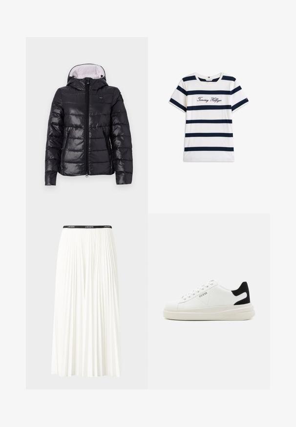 Melnā siltumā pamatota jaka ar spīguļojošu virsmu, ar rāvējslēdzēju, noņemamu kapuci un divām sānu kabatām. Iekšpuse ir ar gaišu apdari.; Kokvilnas T-krekls ar horizontālām tumši zilām svītrām uz balta fona. "Tommy Hilfiger" izšūts skriptā uz krūšu daļas. Cauruma apkakle.; Gari plānas baltas svārku ar melnu elastīgu jostu, uz kuras redzams "LACOSTE" logo. Vidēja garuma dizains ar mīkstu tekstūru.; Baltas ādas sporta apavi ar biezu balto zoli, melna zamša uzpura un izspiestais logotips sānos. Šņorējuma dizains ar sešiem acu caurumiem.