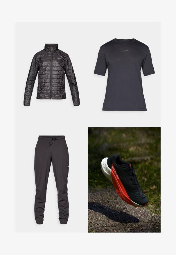 Casaco isolante preto com padrão acolchoado, gola alta e fecho na frente. Apresenta um logótipo no lado esquerdo do peito e mangas longas.; T-shirt de desempenho preta de manga curta, feita de tecido respirável, com decote redondo e pequeno logótipo branco "SALOMON" no peito.; Calças de atletismo pretas com cordão na cintura, bolsos laterais, tecido ligeiramente amarrotado e um pequeno logótipo visível na coxa direita.; Sapatilha de corrida preta com detalhes em vermelho, parte superior de malha leve, sola branca texturizada e sistema de atacadores. Projetada para desempenho e conforto.