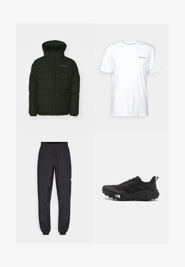 Mørkegrønn puffjakke med høy krage, flere frontlommer og elastiske mansjetter. Har glidelås- og trykknapp-lukkinger, samt en logo på brystet.; Hvit bomulls t-skjorte med korte ermer, rund hals og en liten svart Columbia-logo på venstre bryst. Mykt, enkelt design.; Sorte idrettsbukser laget av lett stoff, med snor i livet, sidelommer og smale mansjetter ved anklene.; Svart terrengløpesko med teksturert overdel, gummisåle og forsterket tåhette. Har polstret krage og løftestropp for enkel påkledning.