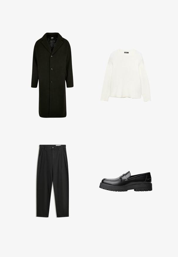Tmavě zelený kabát střední délky s klopovým límcem, čtyřmi knoflíky a bočními kapsami; vyrobený z měkké, texturované látky.; Bílý svetr vyrobený z měkkého, strukturovaného materiálu. Má kulatý výstřih a dlouhé rukávy. Rovný lem s uvolněným střihem.; Černé bavlněné kalhoty s uvolněným střihem, klasickým pasem, předními záhyby a bočními kapsami. Hladká textura bez vzorů.; Černé kožené mokasíny s masivní podrážkou a dekoračním páskem přes horní část, zobrazené v levém bočním profilu na bílém pozadí.