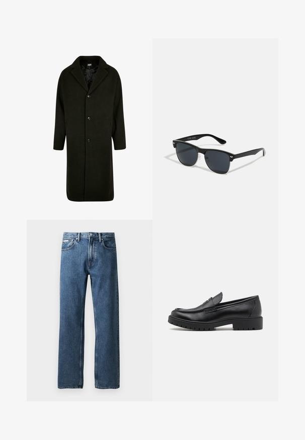 Tamnozeleni kaput srednje dužine, s reverom s izrezom, četiri gumba i bočnim džepovima; izrađen od mekanog, teksturiranog tkanja.; Crni pulover s visokim ovratnikom od mekog pletenog materijala. Ima duge rukave, rebrasti ovratnik i rub. Jednostavan, suvremen dizajn bez uzoraka.; Plave traperice ravnog kroja s visokim strukom, zatvaranje na dugme i patentni zatvarač, prednji džepovi i mala bijela oznaka branda na desnom džepu.; Crne kožne loferice s okruglim vrhom, jednostavnim dizajnom za obuvanje i debelim gumiranim đonom s teksturiranim gripom. Povišeni potplat i diskretni detalji šivanja.; Crne sunčane naočale pravokutnog oblika, tamne leće, srebrni detalji na sljepoočnicama i matirajuća završna obrada okvira.; Crna torba za nošenje napravljena od izdržljive tkanine, s dva dugačka ručka, podesivim trakama i prednjim džepom. Teksturirana površina s minimalnim brendiranjem.