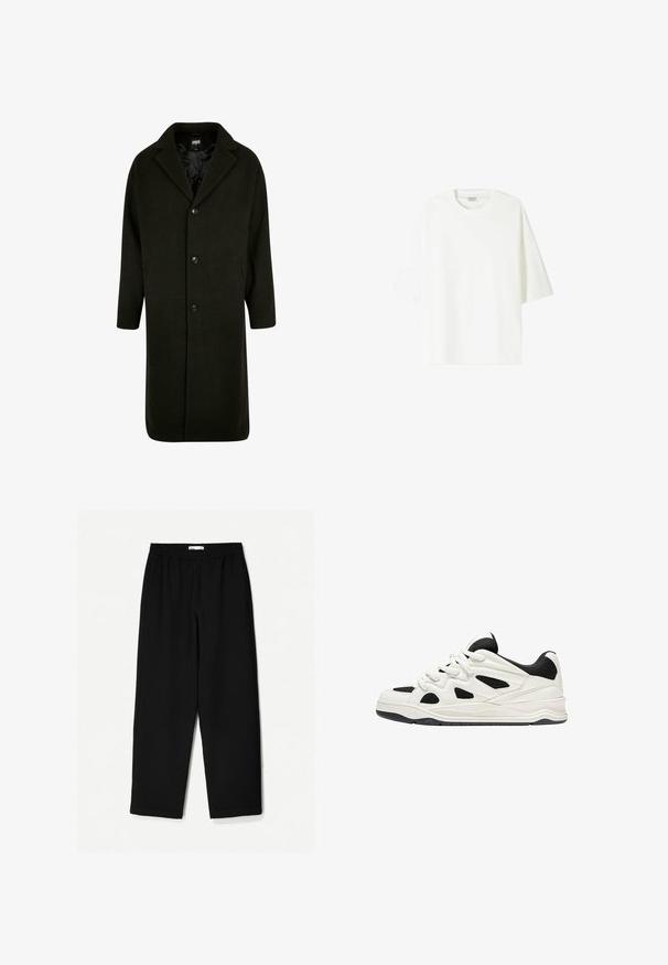 Mørkegrøn frakke i halvlangt design med kløvet krave, fire knapper og sidelommer; lavet af et blødt, tekstureret stof.; Hvid kortærmet t-shirt lavet af bomuld, med rund halsudskæring og en afslappet pasform med lige kant.; Sorte, vidde ben bukser lavet af et let stof. Har en elastisk talje og en glat tekstur. Ingen synlige mønstre eller hardware.; Hvide og sorte atletik sko med en tekstureret sål, der har udskårede designs på siderne og snørebånd, samt en polstret hæl for støtte.