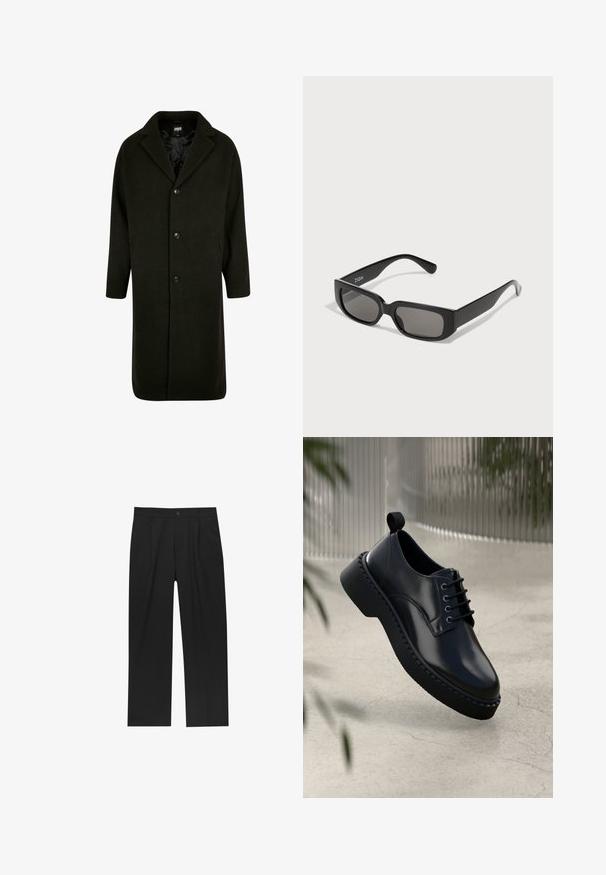 Mørkegrønt frak lavet af kraftigt stof, med en slagkrave, fire frontknapper og sidelommer. Halvlang med lige snit.; Pakke med fem sorte crew-neck T-shirts. Korte ærmer, lavet af bomuld, standart pasform. Glat tekstur uden synlige mønstre eller udsmykninger.; Sorte bukser med lige ben, lavet af et glat stof. Har frontfolder og en enkelt knaplukning i taljen.; Sorte lædersko med rund tå, snørebåndsdesign og en tyk gummisål med struktureret kant. Slankt finish og minimal hardware.; Sorte rektangulære solbriller med gråtonede linser, lavet af glat plastik. Har et minimalistisk design med lige arme og subtil branding.; Sort læder messenger taske med sølvspænder, gule syninger, justerbar rem og en lomme foran. Brandlogo vist på forsiden.