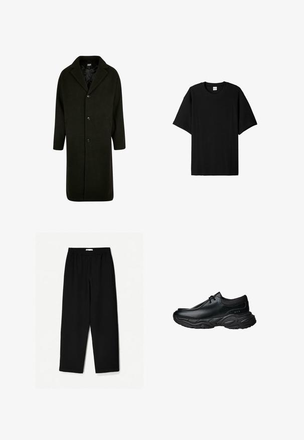 Cappotto verde scuro realizzato in tessuto spesso, con colletto a risvolto, quattro bottoni frontali e tasche laterali. Di lunghezza media con taglio dritto.; Maglietta nera a maniche corte con collo rotondo, caratterizzata da una vestibilità rilassata e una superficie testurizzata. Design semplice; senza grafiche o accenti.; Pantaloni neri a gamba larga realizzati in un tessuto leggero. Presentano una vita elasticizzata e una texture liscia. Senza motivi visibili o accessori.; Scarpe slip-on in pelle nera con punta arrotondata e suola in gomma spessa e testurizzata. Presentano cuciture sottili e dettagli in elastico sul colletto.