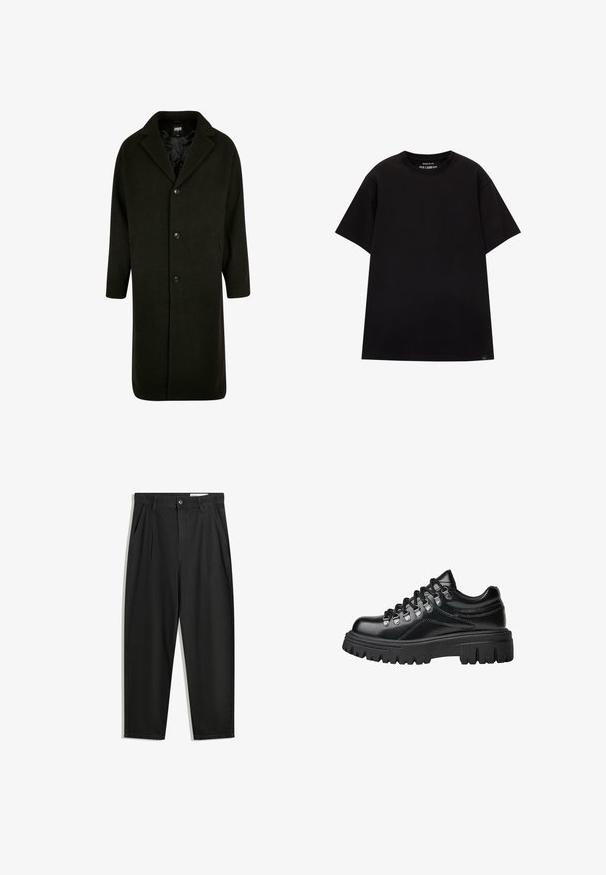 Palton verde închis confecționat dintr-un material gros, având un guler cu decupaj, patru butoane în față și buzunare laterale. De lungime medie, cu o croială dreaptă.; PULL&BEAR JOIN LIFE - Tricou basic - black; Pantaloni negri din bumbac cu croială lejeră, având un brâu clasic, plii frontale și buzunare laterale. Textură netedă fără modele.; Pantofii de drumeție din piele cu talpă groasă neagră, eyelet-uri metalice și șireturi negre, văzuți din lateral pe un fundal alb.