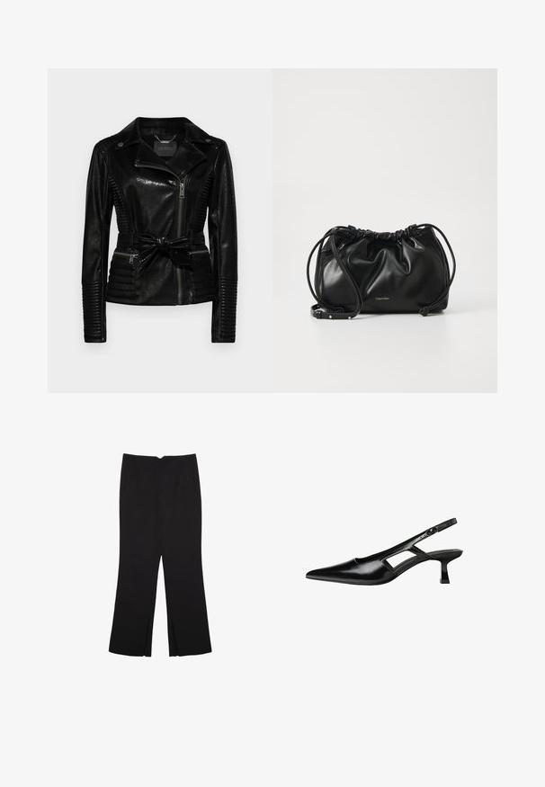 Giacca in finta pelle nera con un design aderente, chiusura con zip, colletto e vita con cintura. Presenta una texture a coste lungo i lati e le maniche.; Top nero a maniche corte realizzato in tessuto liscio; presenta un colletto drappeggiato e un orlo asimmetrico, con una vestibilità aderente.; Pantaloni neri a gamba dritta, con tasche frontali e spacchi laterali all'orlo. Realizzati in tessuto morbido e liscio. Adatti a diverse occasioni.; Tacchi slingback in pelle verniciata nera con punta affusolata, design con tagli laterali e tacco quadrato piccolo. Texture liscia con dettagli minimi.; Borsa a mano in pelle nera con design arricciato, chiusura a doppio cordoncino e tracolla rimovibile. Presenta un dettaglio del logo metallico.
