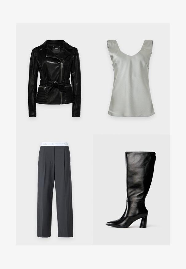 Giacca in finta pelle nera con un design aderente, chiusura con zip, colletto e vita con cintura. Presenta una texture a coste lungo i lati e le maniche.; Top senza maniche in satin argento con ampio scollo a V e orlo leggermente svasato. Texture liscia con cuciture minime e design pulito.; Pantaloni grigi a gamba larga realizzati in tessuto morbido, con pieghe frontali e una vita bianca con il logo Calvin Klein.; Stivale in pelle nera, alto fino al ginocchio, con punta affusolata, superficie liscia e tacco spesso. Presenta un dettaglio con zip sul retro.