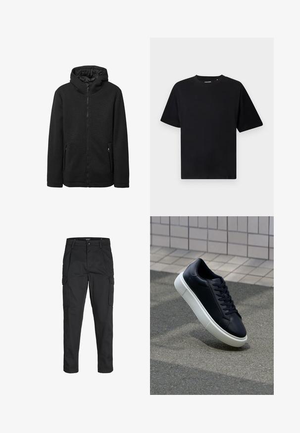 Schwarze Zip-Hoodie-Jacke aus strukturiertem Stoff mit zwei vorderen Reißverschlusstaschen und einer gepolsterten Innenseite in der Kapuze.; Schwarzes T-Shirt mit kurzen Ärmeln und Rundhalsausschnitt, in lockerer Passform, auf einem weißen Hintergrund präsentiert.; Schwarze Cargo-Hose aus robustem Material, mit mehreren Taschen, einem Knopfverschluss und einem Slim-Fit-Design mit schmal zulaufenden Beinen.; Schwarze Leder-Sneaker mit runder Zehenpartie und weißer Gummisohle. Verfügt über flache Schnürsenkel und minimale Nähte im Obermaterial. Strukturiertes Sohlenprofil für besseren Halt.