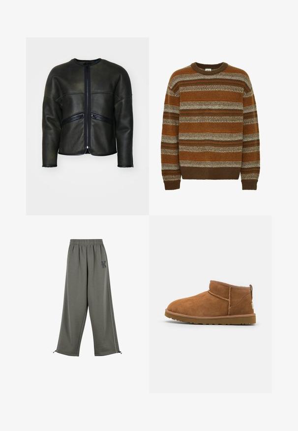 Crna kožna jakna s okruglim izrezom, zatvaranjem na patentni zatvarač i dva horizontalna džepa s patentnim zatvaračem. Ima glatku teksturu i prilagođen kroj.; Solid SDMAXWELL - Vesta - slate black; Karl Kani KK OS SIDESTRIPE - Hlače - grey; Tamnasti antilop čizme do gležnja s zaobljenim vrhom, suptilnim detaljima šivanja i teksturiranom gumom potplatom. Niska visina bez pertli.