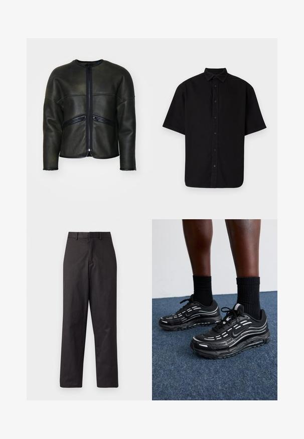 Black leather jacket with a round neckline, zip closure, and two horizontal zippered pockets. Features a smooth texture and tailored fit.; Black short-sleeved shirt made of cotton, featuring a button-down front, a collar, and a straight hem with no patterns or accents.; Black trousers made of cotton blend fabric, featuring a straight leg design, front pockets, and a standard waistband with belt loops.; Black Nike shoes feature a mesh upper with accent stripes, textured lacing, and a black rubber sole. Worn with black ribbed socks.