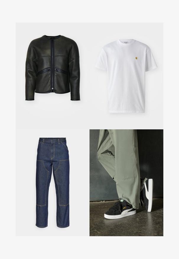 Czarna skórzana kurtka z okrągłym dekoltem, z zamkiem błyskawicznym i dwoma poziomymi kieszeniami na zamek. Posiada gładką teksturę i dopasowany krój.; Biała bawełniana koszulka z krótkim rękawem, okrągłym dekoltem, z małym złotym logo na lewej części klatki piersiowej. Miękka textura i regularny krój.; Granatowe dżinsy z wysokim stanem, prostym krojem nogawek, kontrastowym wykończeniem szwów oraz kieszeniami naszytymi z przodu.; Czarne zamszowe trampki z białymi gumowymi podeszwami i bocznymi paskami, w połączeniu z jasnoszarymi spodniami cargo, stoją na teksturowanej ciemnej powierzchni.