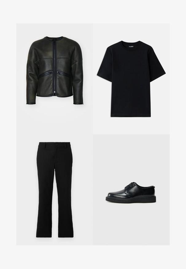 Črna usnjena jakna z okroglim ovratnikom, zadrgo in dvema horizontalnima žepoma z zadrgo. Ima gladko teksturo in prilagojen kroj.; Črna bombažna majica s kratkimi rokavi in krožnim izrezom. Ima diskreten vezen logotip na levem prsnem predelu. Ravna, gladka tekstura.; Črne široke hlače iz mešanice bombaža, opremljene z gumbom za zapiranje, zanko za pas in gladko teksturo brez vidnih vzorcev.; Črni usnjeni čevlji z vezalkami, okroglo konico, gladkim zaključkom in teksturiranim črnim gumijastim podplatom. Minimalističen dizajn brez vidnih vzorcev.