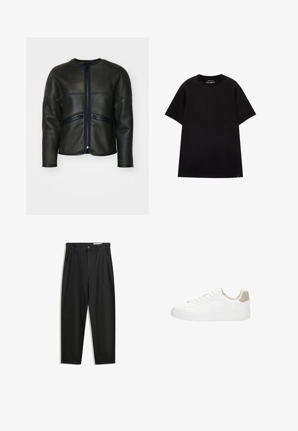 Schwarze Lederjacke mit rundem Ausschnitt, Reißverschluss und zwei horizontalen Reißverschluss-Taschen. Verfügt über eine glatte Textur und eine taillierte Passform.; PULL&BEAR JOIN LIFE - T-Shirt basic - black; Schwarze Baumwollhose mit lockerem Schnitt, ausgestattet mit einem klassischen Bund, vorderen Falten und Seiten taschen. Glatte Textur ohne Muster.; Weiße Sneakers mit einem glatten Leder-Obermaterial und runder Zehenpartie. Merkmale sind eine sandfarbene Suede-Fersenpartie, flache Schnürsenkel und eine weiße Gummisohle.