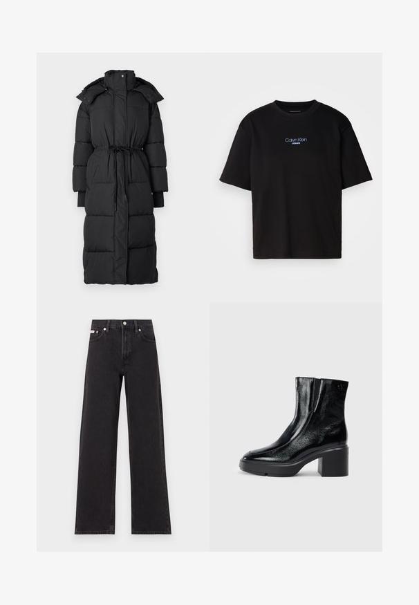 Fekete, hosszú puffertöltelékű kabát magas gallérral, megkötős derékrésszel és bordázott mandzsettákkal. Steppelt dizájn, deréknál állítható húzózsinórral.; Fekete pamut póló kerek nyakkal, rövid ujjú, elöl kék hímzett "Calvin Klein JEANS" logóval.; Fekete, bőszárú farmernadrág, magas derekú, öt zsebes kialakítással és fém gombos záródással, kontrasztos varrással.; Fekete lakkbőr bokacsizma ívelt orral, elasztikus oldalpanelek és vastag blokk sarkal. A hátsó részen dombornyomott logó található.