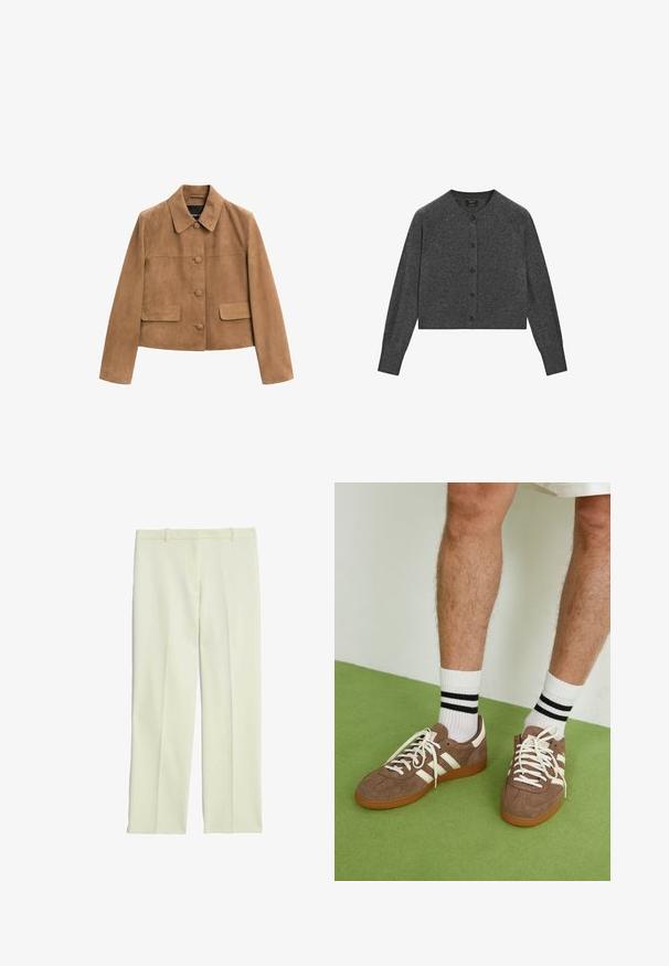 Braune Wildleder-Cropped-Jacke mit langen Ärmeln, Kragen, drei stoffbedeckten Frontknöpfen und zwei Klapptaschen.; Graue, kurze Strickjacke aus weichem Material mit rundem Ausschnitt, langen Ärmeln und braunen Knöpfen auf der Vorderseite.; Weißes ärmelloses Tanktop mit rundem Halsausschnitt, aus geripptem Material; einfaches Design ohne Muster oder Verzierungen.; Cremefarbene, maßgeschneiderte Hosen mit geradem Schnitt, flachem Front, Gürtelschlaufen und glatter Oberfläche.; Braune Wildleder-Sneaker mit weißen Akzenten und Schnürsenkeln. Gummisohle in Kautschuk-Optik. Getragen mit weißen Socken, die schwarze Streifen haben. Grüner strukturierter Fußboden.