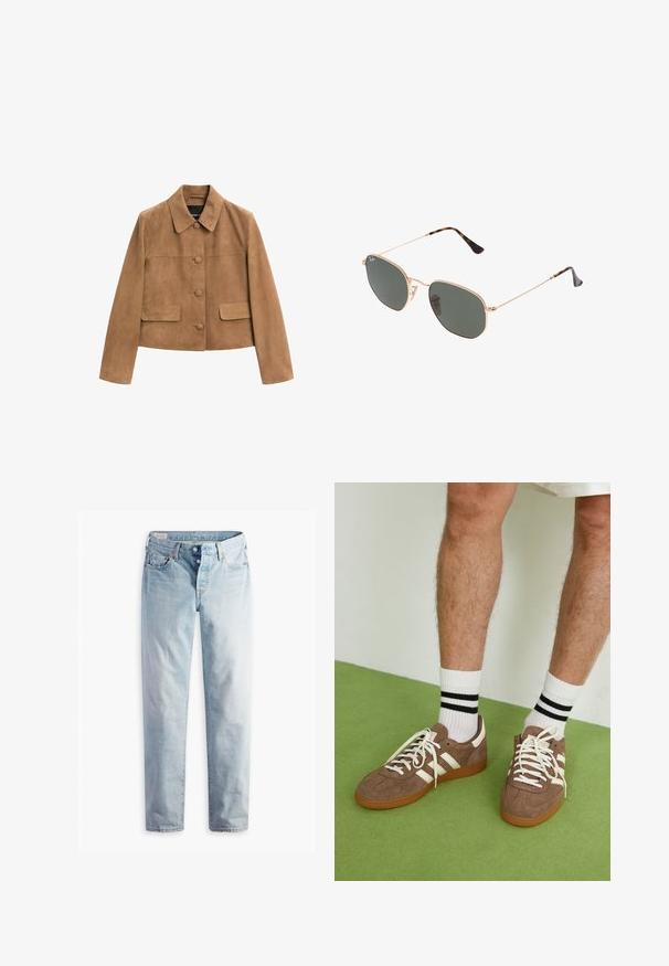 Brun ruskindsjakke med cropped længde, lange ærmer, krave, tre frontknapper dækket med stof og to klaplommer.; Hvid langærmet top med dyb V-hals, ribbet tekstur på skuldrene og tætsiddende design. Mærket er synligt ved halsudskæringen.; Lys blå denimjeans med lige pasform, to frontlommer og to baglommer. Inkluderer to-knaps lynlås og subtil syning.; Brune ruskind sneakers med hvide detaljer og snørebånd. Gummisål i naturgummi. Båret med hvide sokker med sorte striber. Grøn struktureret gulv.; Guldmetallisk brille med mørkegrønne linser, aviator-stil, med slanke arme og skildpadde-mønstrede detaljer på spidserne.