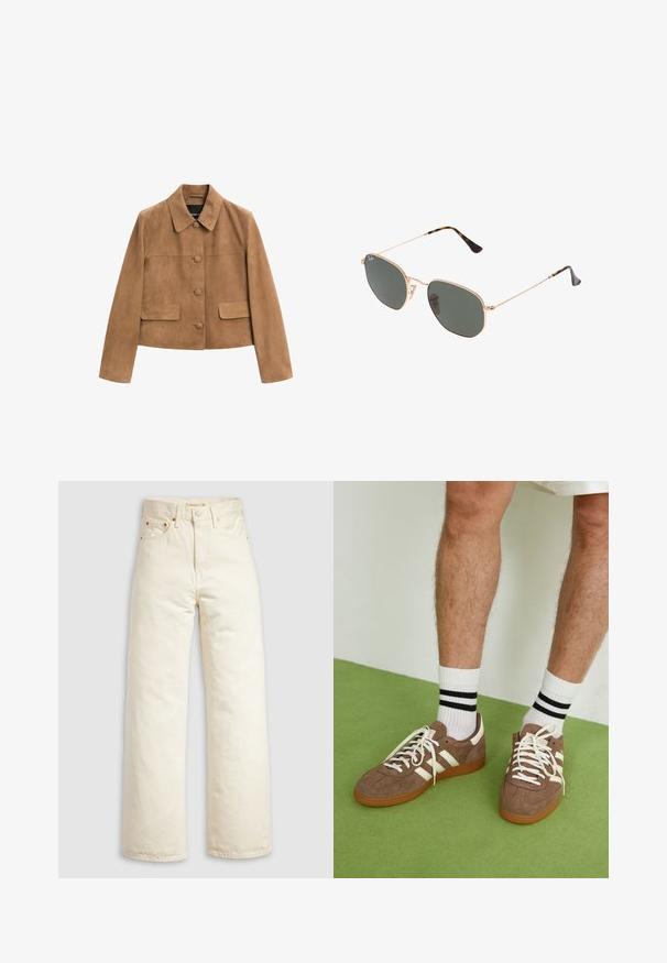 Brun ruskindsjakke med cropped længde, lange ærmer, krave, tre frontknapper dækket med stof og to klaplommer.; Hvid langærmet top med dyb V-hals, ribbet tekstur på skuldrene og tætsiddende design. Mærket er synligt ved halsudskæringen.; Vidbenede jeans i offwhite denim med høj talje, kobbernitter og klassisk design med fem lommer. Struktureret stof med rene kanter.; Brune ruskind sneakers med hvide detaljer og snørebånd. Gummisål i naturgummi. Båret med hvide sokker med sorte striber. Grøn struktureret gulv.; Guldmetallisk brille med mørkegrønne linser, aviator-stil, med slanke arme og skildpadde-mønstrede detaljer på spidserne.