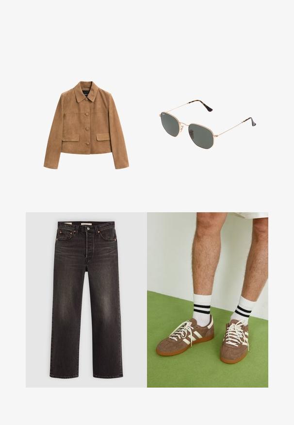 Brun ruskindsjakke med cropped længde, lange ærmer, krave, tre frontknapper dækket med stof og to klaplommer.; Hvid langærmet top med bred rund halsudskæring, sideslids og et glat, let stof, der har et simpelt, minimalistisk design.; Sorte denim jeans med lige ben design. Har kobber nitter og lommer. Glat tekstur og let falmet finish.; Brune ruskind sneakers med hvide detaljer og snørebånd. Gummisål i naturgummi. Båret med hvide sokker med sorte striber. Grøn struktureret gulv.; Guldmetallisk brille med mørkegrønne linser, aviator-stil, med slanke arme og skildpadde-mønstrede detaljer på spidserne.; Kabelstrikket tørklæde i lysebrun, med et struktureret mønster, ribbede ender og et lille logo-vedhæng nær bunden. Blødt, varmt stof.