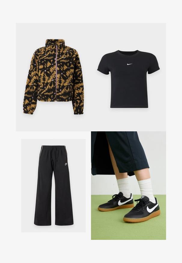 Fleece bunda s abstraktním květinovým vzorem v černé, hnědé a levandulové barvě, s plným zipem na předním díle a vysokým límcem.; Černé tričko s krátkým rukávem vyrobené z bavlny s kulatým výstřihem. Na hrudi se nachází bílé logo Nike, minimalistický design a přiléhavý střih.; Černé tepláky vyrobené z měkké látky, s elastickým pasem a stahovací šňůrou, bočními pruhy a malým logem na levé přední straně.; Černé kožené a syntetické tenisky s bílým logem Nike, gumovou podrážkou, kulatou špičkou a černými tkaničkami. Viditelné žebrované bílé ponožky.