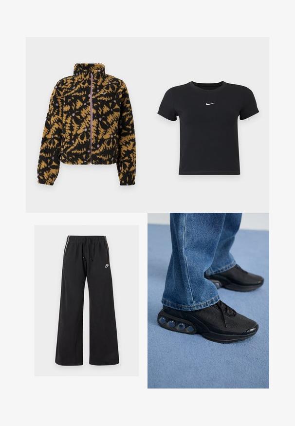 Fleece jacket with black, brown, and lavender abstract floral pattern, full front zipper, and high collar.; Black short-sleeve t-shirt made of cotton with a round neckline. Features a white Nike logo on the chest, minimalistic design, and fitted shape.; Black sweatpants made of soft fabric, featuring an elastic waistband with a drawstring, side stripes, and a small logo on the front left.; Black athletic sneakers with mesh upper, textured accents, and visible air cushioning pods in the sole. Worn with blue denim jeans.