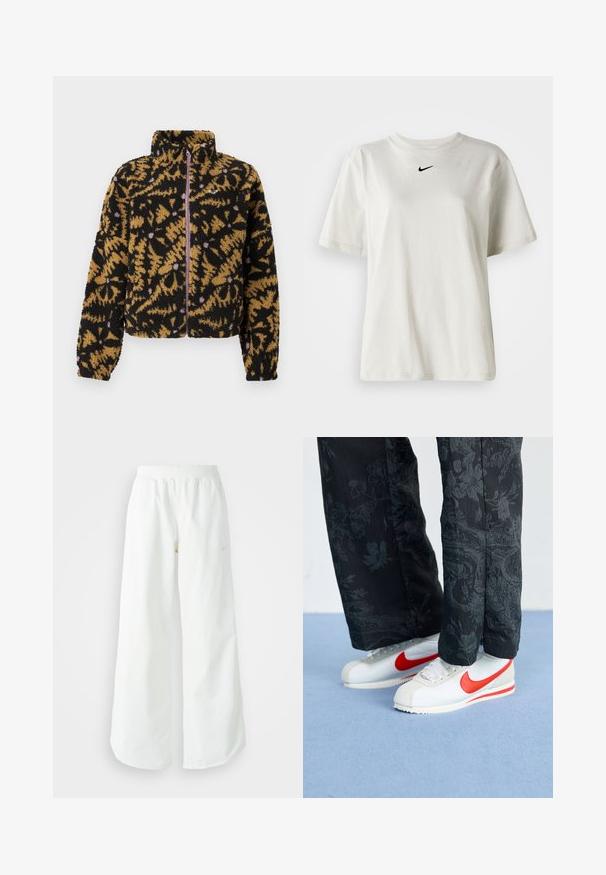 Fleece jaka ar melnu, brūnu un lavandas krāsas abstraktu ziedu rakstu, pilnīgu priekšējo rāvējslēdzēju un augstu apkakli.; Balts kokvilnas T-krekls ar apaļu kakla izgriezumu un īsām piedurknēm. Uz krūtīm ir neliels melns Nike logo. Vienkāršs un bez rotājumiem dizains.; Baltas, platais sporta bikses ar ribotu jostasvītru un smalku logotipa detaļu. Gluda auduma ar brīvu piegriezumu un sašaurinātu apakšdaļu.; Baltas Nike sporta apavi ar sarkanām akcentiem, savienoti ar melniem biksēm, kurām ir ziedu raksts. Virsma ir gluda ar plakanu pinumu zoli.
